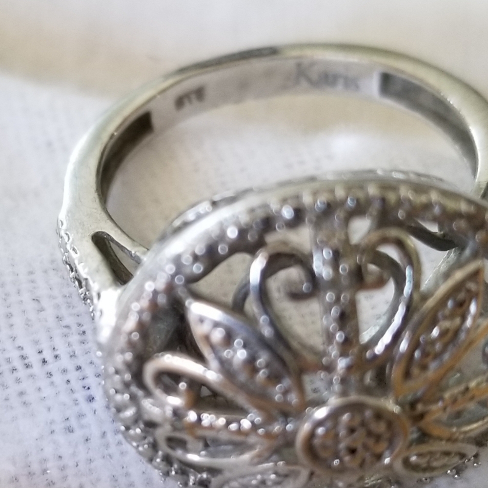 Karis STS Signed Contemporary Textured Filagree Dome Ring-Rhodium Plated Silver - Picture 2 of 5